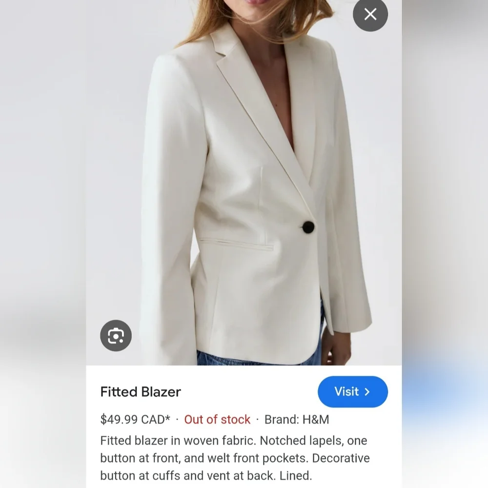 H&M Women's Fitted Blazer Ivory/Light Cream Woven Lined One Button New Medium - Picture 7 of 16